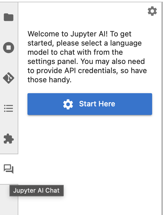 Jupyter AI welcome panel — click Start Here to open settings