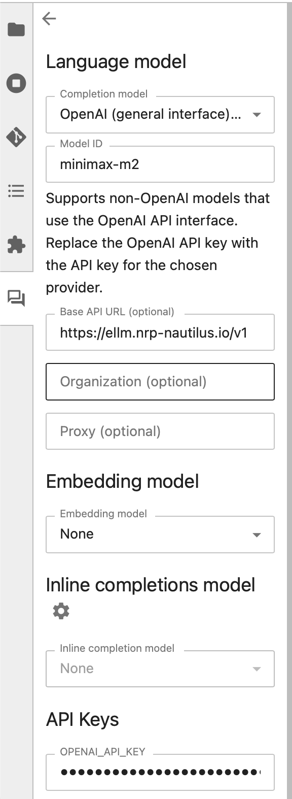 Jupyter AI settings — Completion model, Model ID, Base API URL, and API key